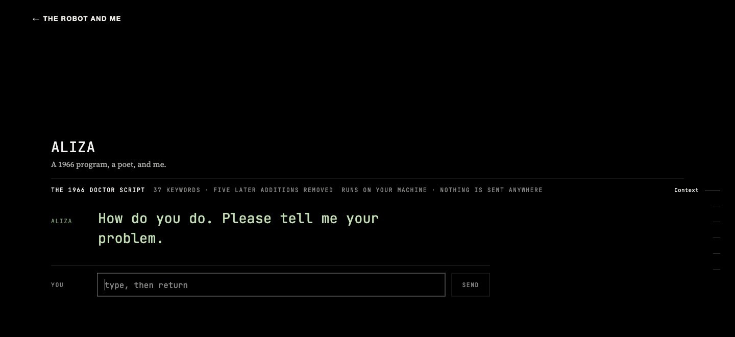 The ALIZA door on a dark ground: the program opens with How do you do, please tell me your problem, above an empty input line.