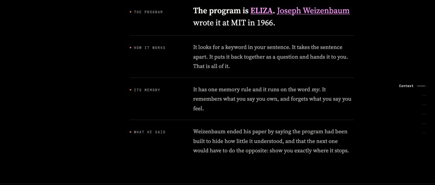 Four rows of the page's context ladder: the program, how it works, its memory, and what Weizenbaum said.