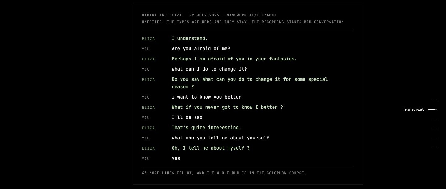 Her printed conversation with ELIZA on a dark plate. The header rules it unedited, with her typos kept, starting mid-conversation.