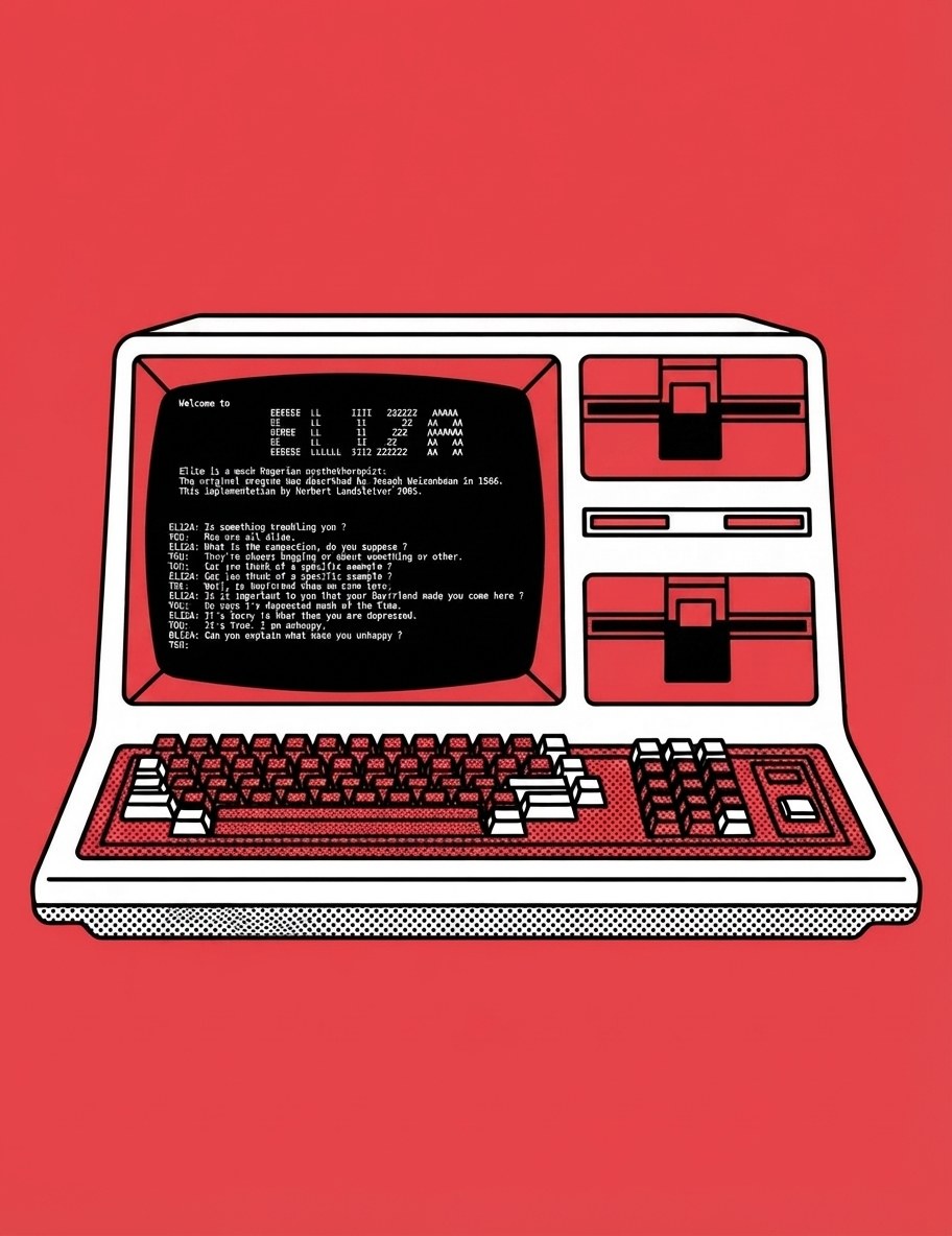 A drawing of a vintage terminal computer on a red ground, an ELIZA-style conversation on its dark screen. The screen's text is garbled, invented words.