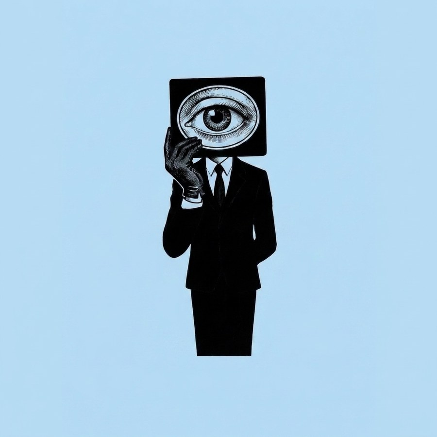 A figure in a black suit holding an engraved eye plate in front of its face, on a pale blue ground.