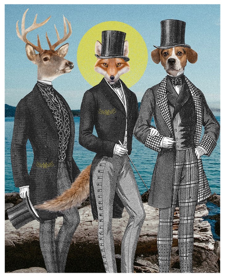 Three animal-headed figures in Victorian suits by the sea: a deer, a fox and a beagle.
