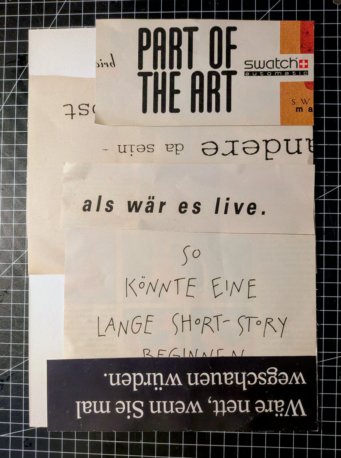 The third collage as an object: cut strips of magazine type arranged on pale paper, one strip laid face down so its words cannot be read.