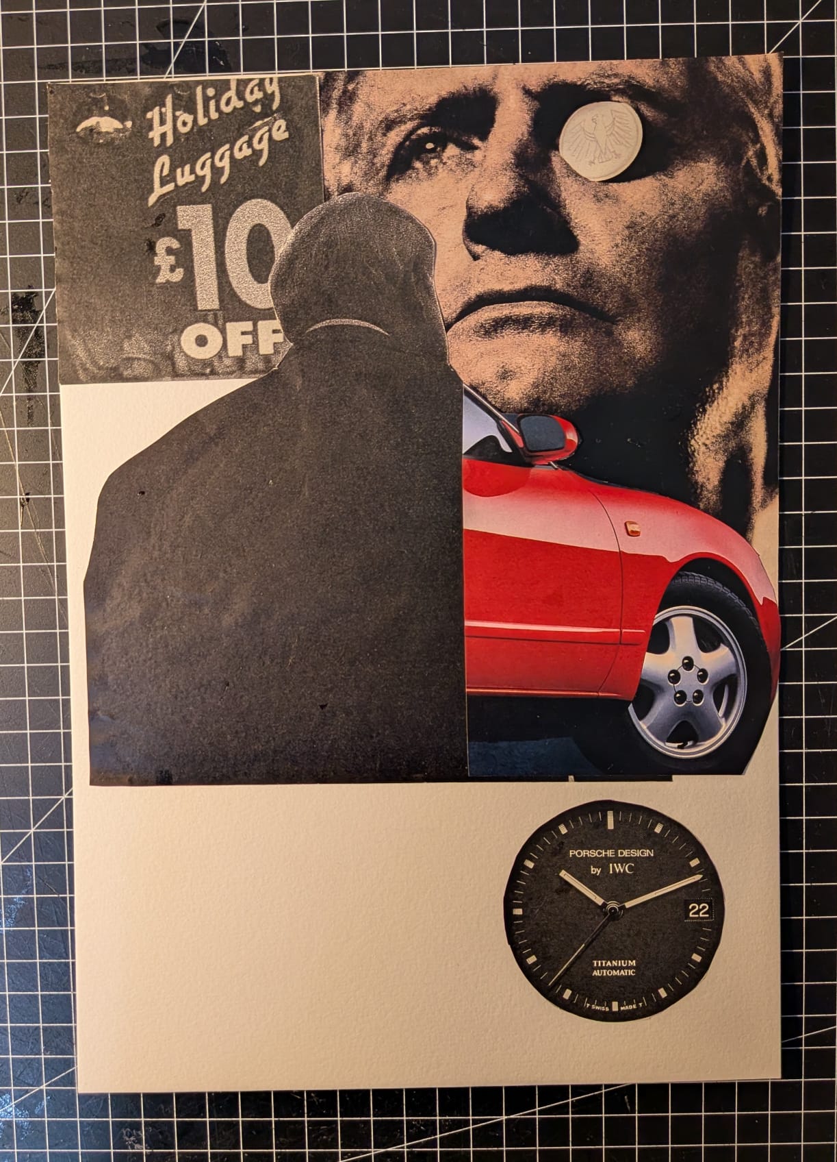 The first collage as an object: cut paper on white, a black figure shape, a punched-out eye, a small red car and a watch dial, with a real crease across the black.