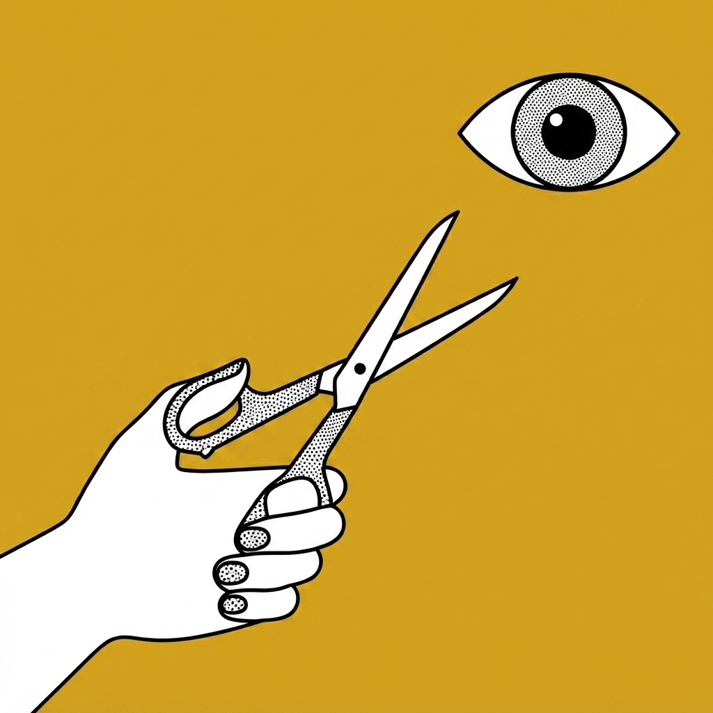 A line drawing on a mustard ground: a large open eye floats at the upper right, and below it a hand holds a pair of open scissors. Both are drawn in white with black outlines and grey halftone stippling.