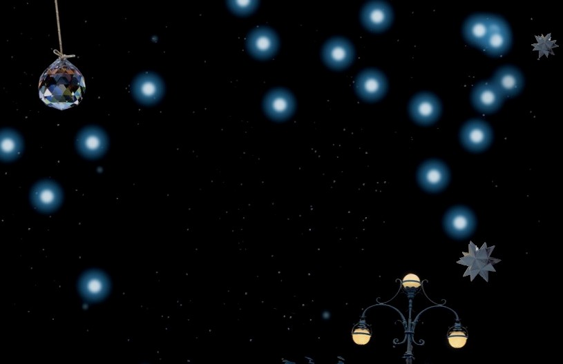 The 2010 VagaLumes browse view: two dozen soft blue lights scattered across a black night sky, a faceted crystal prism hanging from a string at the upper left, and a wrought iron gas lamp glowing amber at the lower right.