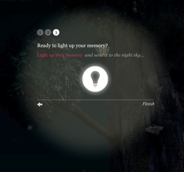 Step three of the 2010 create flow: a soft circle of light picks the form out of the dark garden behind it, showing the heading Ready to light up your memory, a large round lightbulb icon, and a Finish link.