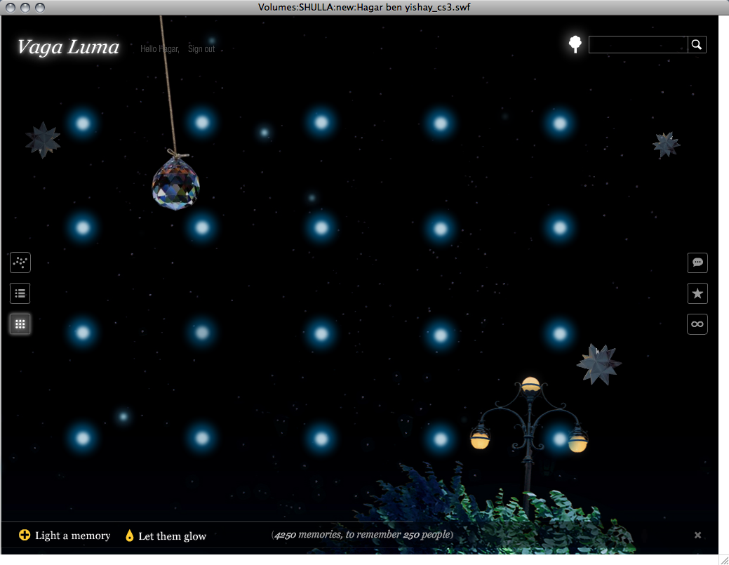 The 2010 project running inside a Mac OS X window: twenty blue lights on a regular grid against black, the crystal prism cursor, a gas lamp, and a bar along the bottom.