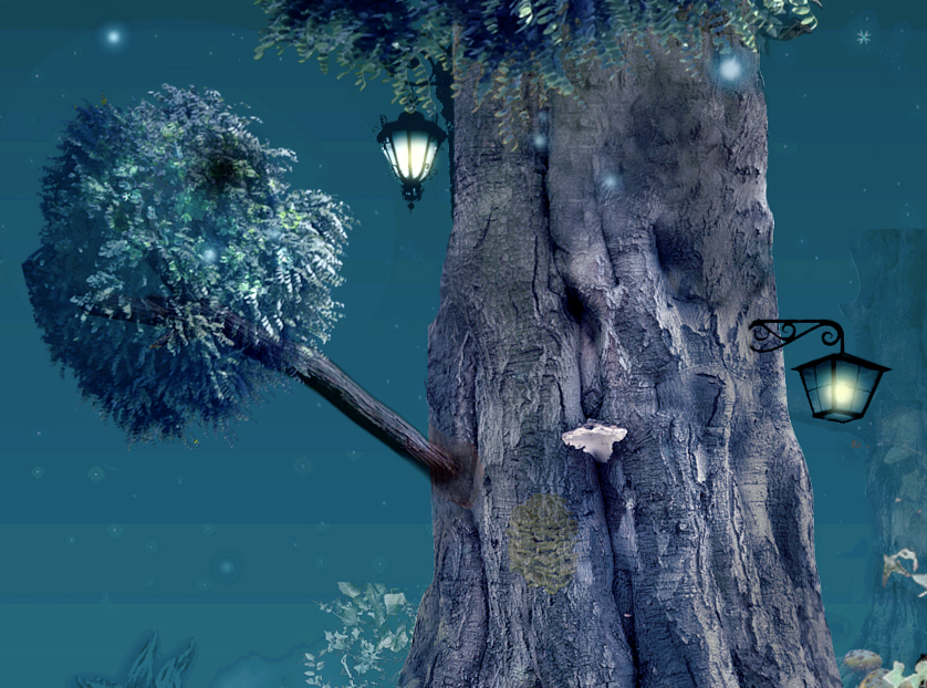 The 2010 night garden: a large painted tree trunk against a deep teal sky, two wrought iron gas lanterns glowing pale yellow, pale foliage along the lower edge.