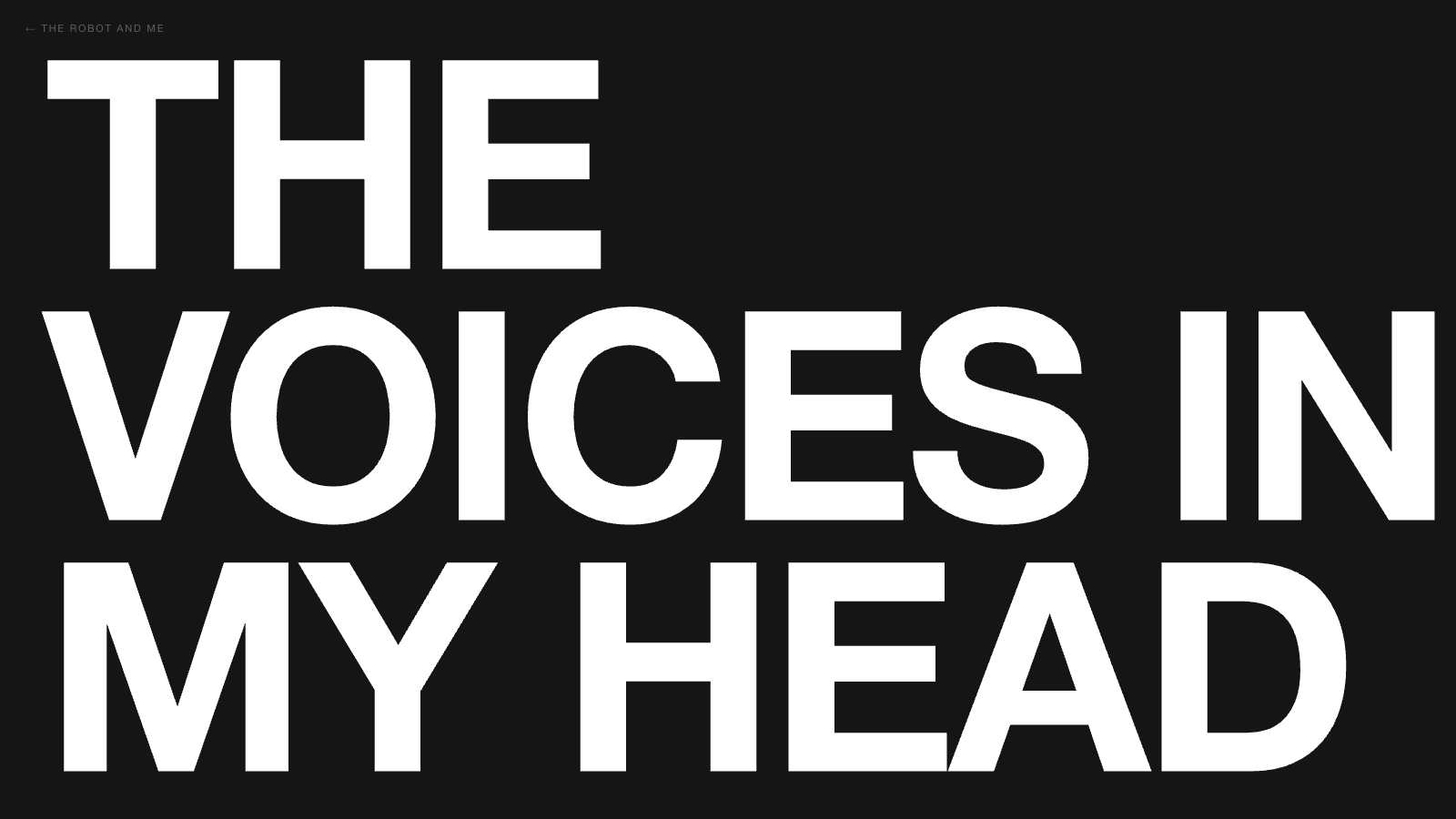 THE VOICES IN MY HEAD in enormous white capitals on black, three lines filling the screen from edge to edge.
