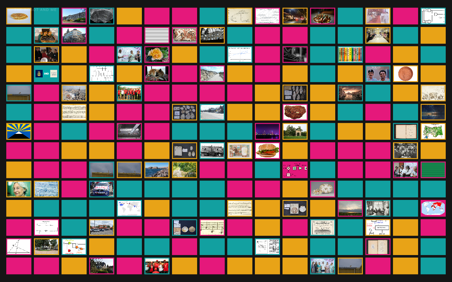 A wall of small photographs on flat pink, orange and teal tiles: a bread roll, an old woman, a burger, sheet music, a chemical diagram, a flag, a road at dusk.
