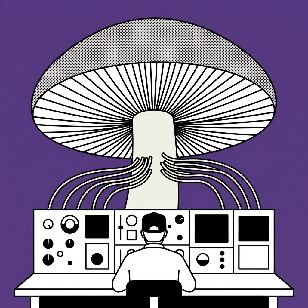 A generated illustration: a man at a wall of control panels, seen from behind, and out of the console grows an enormous mushroom whose stem is fed by the cables he is operating.