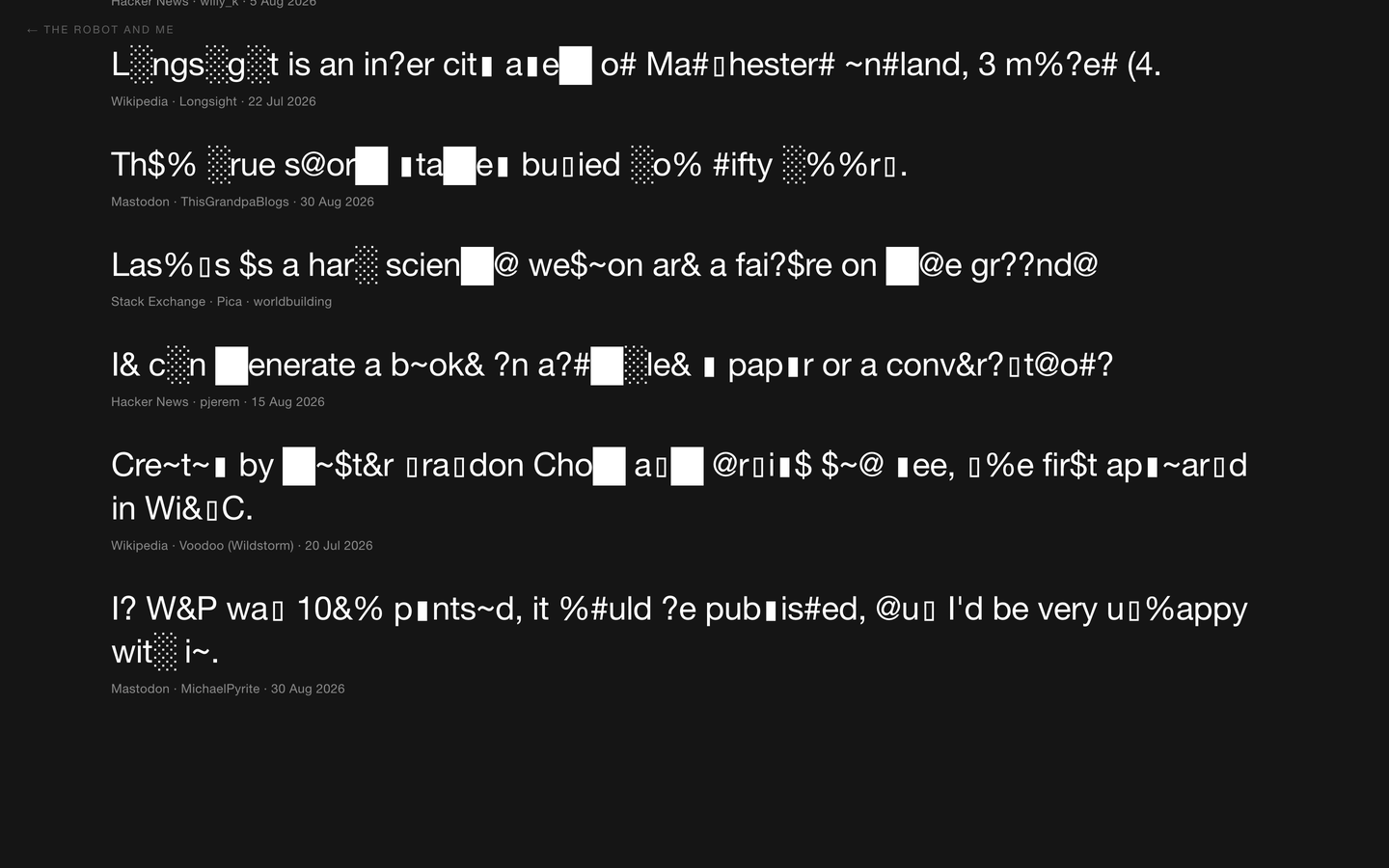Six sentences on black, each one broken into blocks and symbols, each with a perfectly legible source and date underneath.